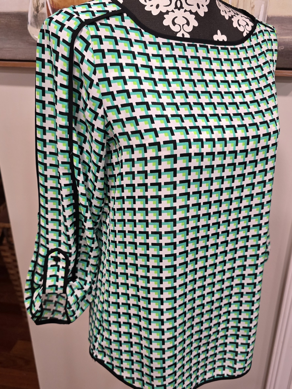 The Limited Green, Black and White Geo-Print Boatneck Blouse 0541
